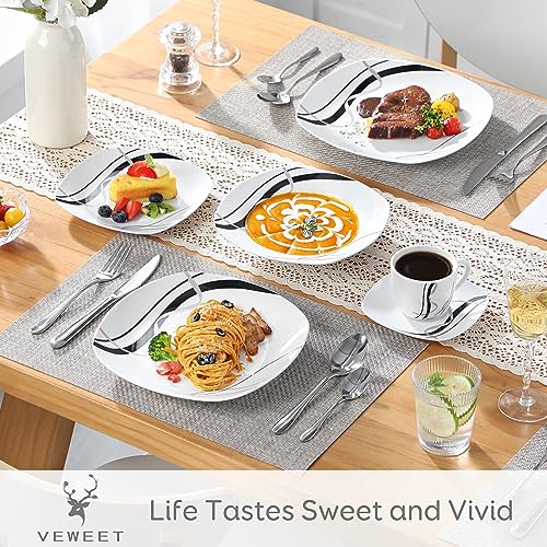 VEWEET, Series Fiona, 30-Piece Dinnerware Sets for 6, White Dishes Set with Black and Gray Stripes, Porcelain Dinner Set Including Dessert Plates, Soup Plates, Dinner Plates, Cups & Saucers - Image 2
