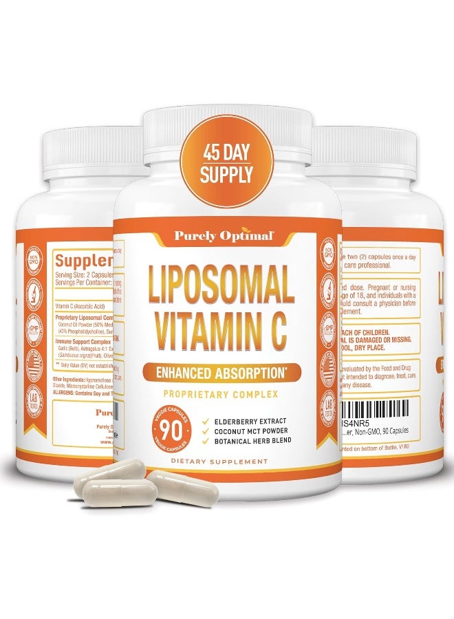 Purely Optimal Premium Liposomal Vitamin C Supplement - High Absorption, Fat Soluble Ascorbic Acid Vitamin C 1000mg for Immune Support - Collagen & Immune System Booster, Non-GMO, 90 Capsules - Image 1
