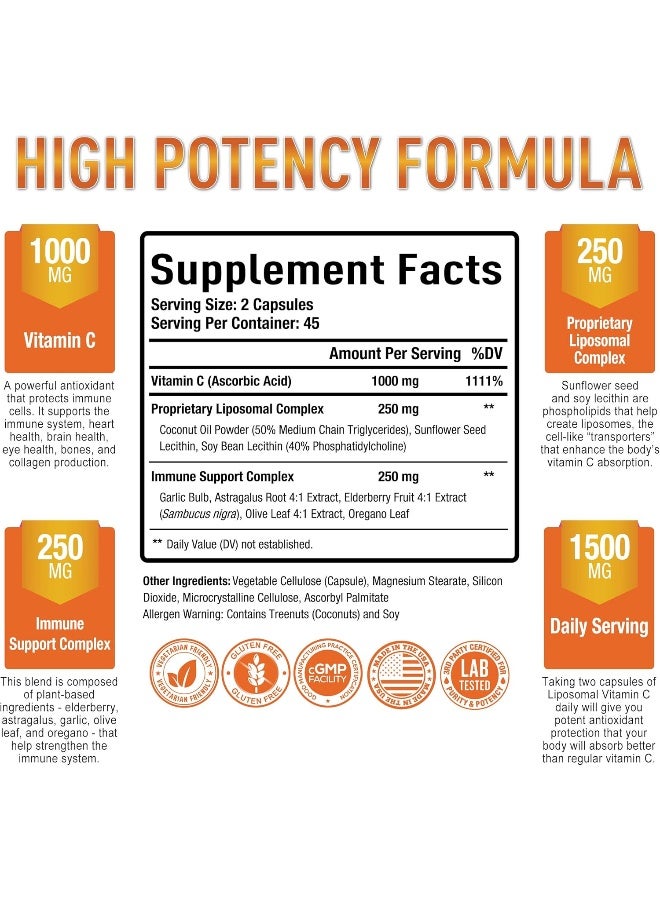 Purely Optimal Premium Liposomal Vitamin C Supplement - High Absorption, Fat Soluble Ascorbic Acid Vitamin C 1000mg for Immune Support - Collagen & Immune System Booster, Non-GMO, 90 Capsules - Image 2