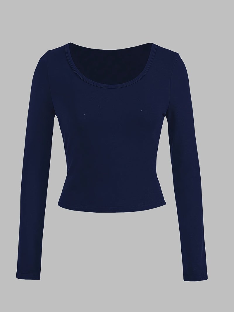Spring - Summer Fashionable Versatile Women's Round Neck Solid Color Long Sleeve Top - Navy / XS - Image 2
