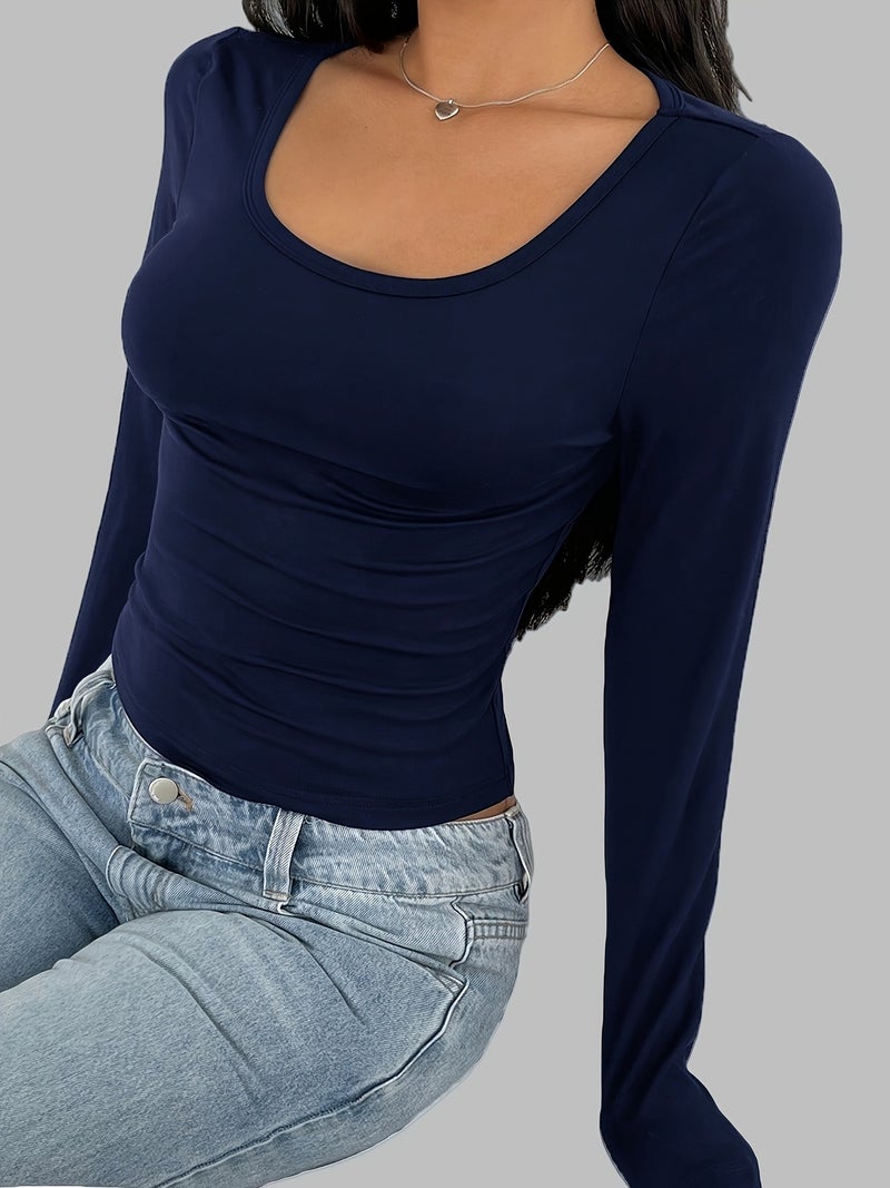 Spring - Summer Fashionable Versatile Women's Round Neck Solid Color Long Sleeve Top - Navy / XS - Image 5