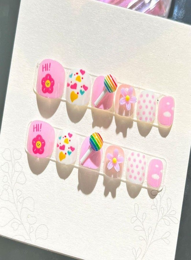 Plenteous Girl's 12PCS Short Oval nails with Animal Crossing-Inspired Designs, 3D Cartoon Press On Kawaii Gel Stick-On Nail for Kids & Girls, Multi-Color Multidesign Nail Cute Art Set - Image 1