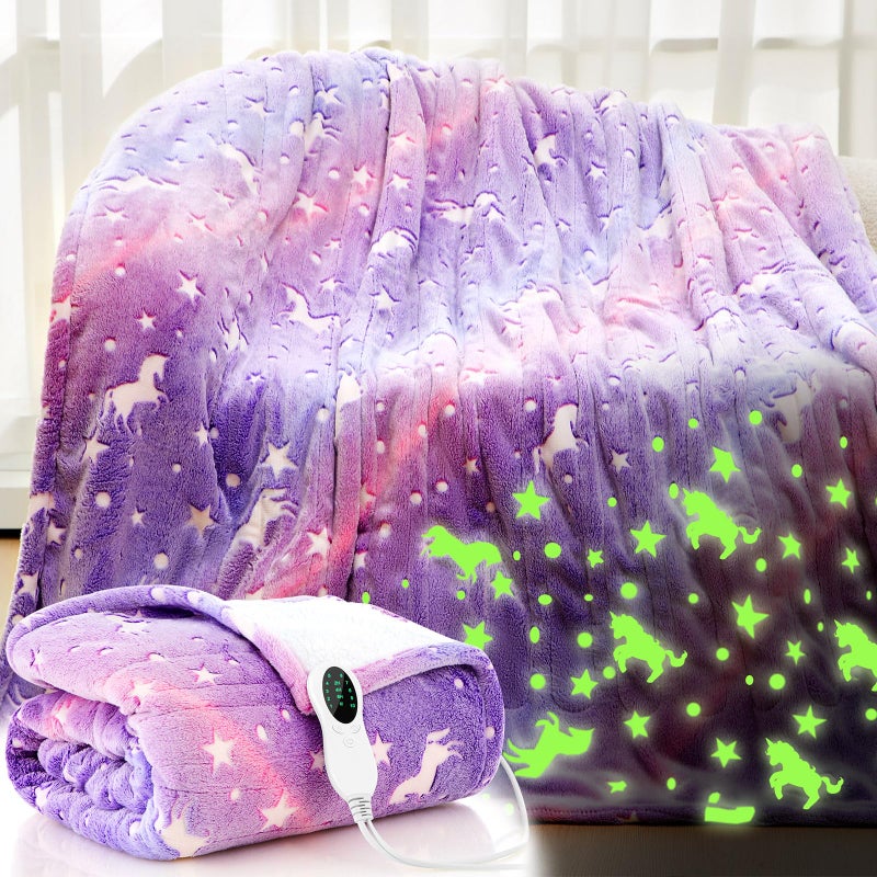 Rossesay 50"x60" Unicorn Kids Heated Blanket Girls Glow in The Dark Upgraded Children Heating Throw Electric Valentine's Birthday Gift with 10 Levels & 8 Hours Auto Off Etl Certified Machine Washable - Image 1
