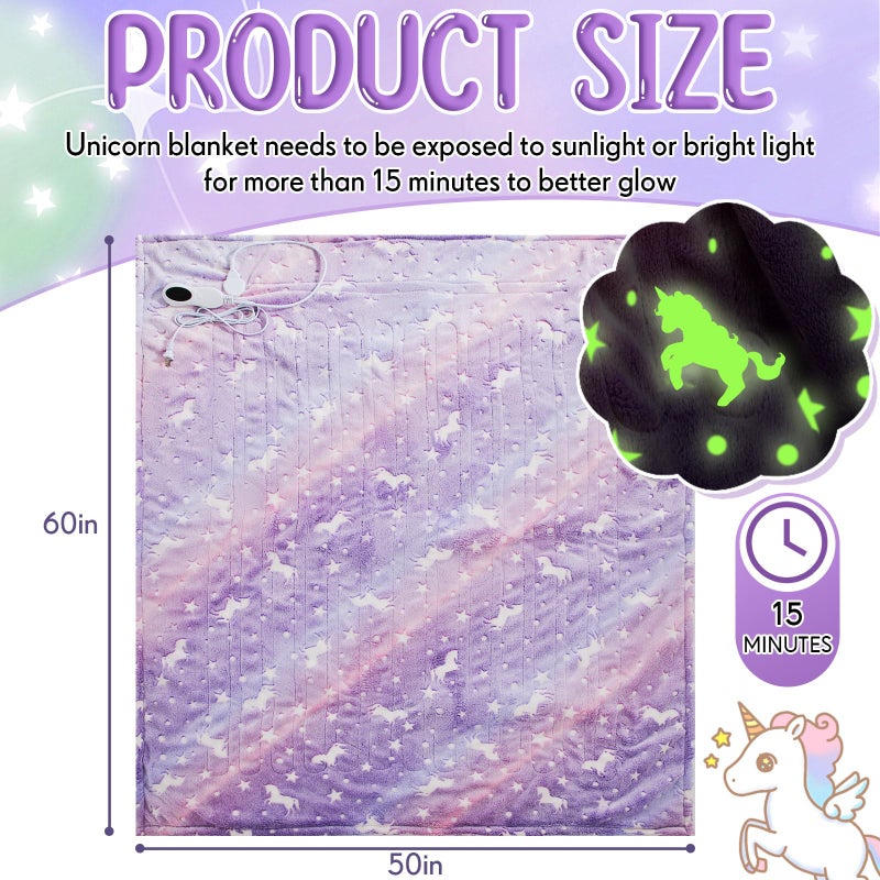 Rossesay 50"x60" Unicorn Kids Heated Blanket Girls Glow in The Dark Upgraded Children Heating Throw Electric Valentine's Birthday Gift with 10 Levels & 8 Hours Auto Off Etl Certified Machine Washable - Image 2