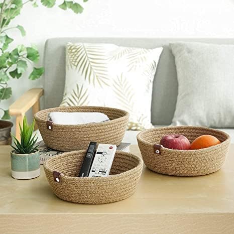 moon light 100% Natural Jute small box mini rope paper storage Round Beige basket brown hamper baby nursery tray bucket set of 3 for Living or Drawing Room,fruits, kitchen,office,shelfs (Beige)  - Image 5