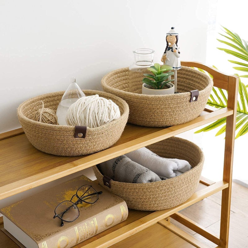 moon light 100% Natural Jute small box mini rope paper storage Round Beige basket brown hamper baby nursery tray bucket set of 3 for Living or Drawing Room,fruits, kitchen,office,shelfs (Beige)  - Image 2