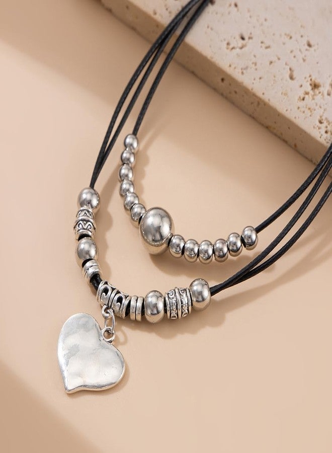 Chargances Vintage Layered Black Leather Choker Heart Pendant Necklace Fashion Beaded Cord Rope Necklace for Women - Image 5