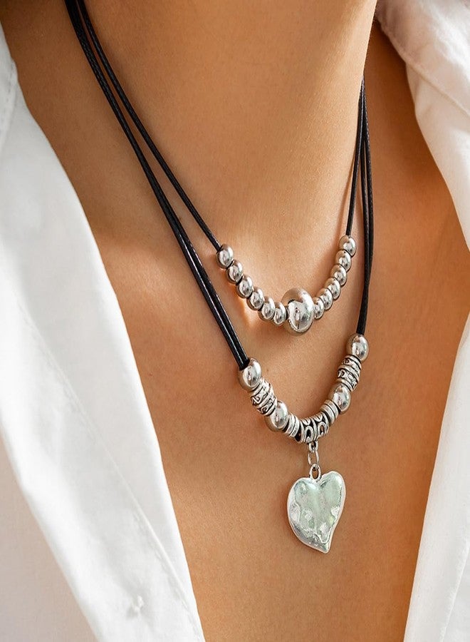 Chargances Vintage Layered Black Leather Choker Heart Pendant Necklace Fashion Beaded Cord Rope Necklace for Women - Image 3