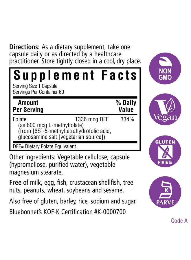 Bluebonnet التغذية Cellularactive Methylfolate 800 Mcg مركب مع Quatrefolic للطاقة والمزاج وصحة ما قبل الولادة نباتي خالٍ من الجلوتين Nongmo وKosher 60 كبسولة 60 وجبة - Image 3