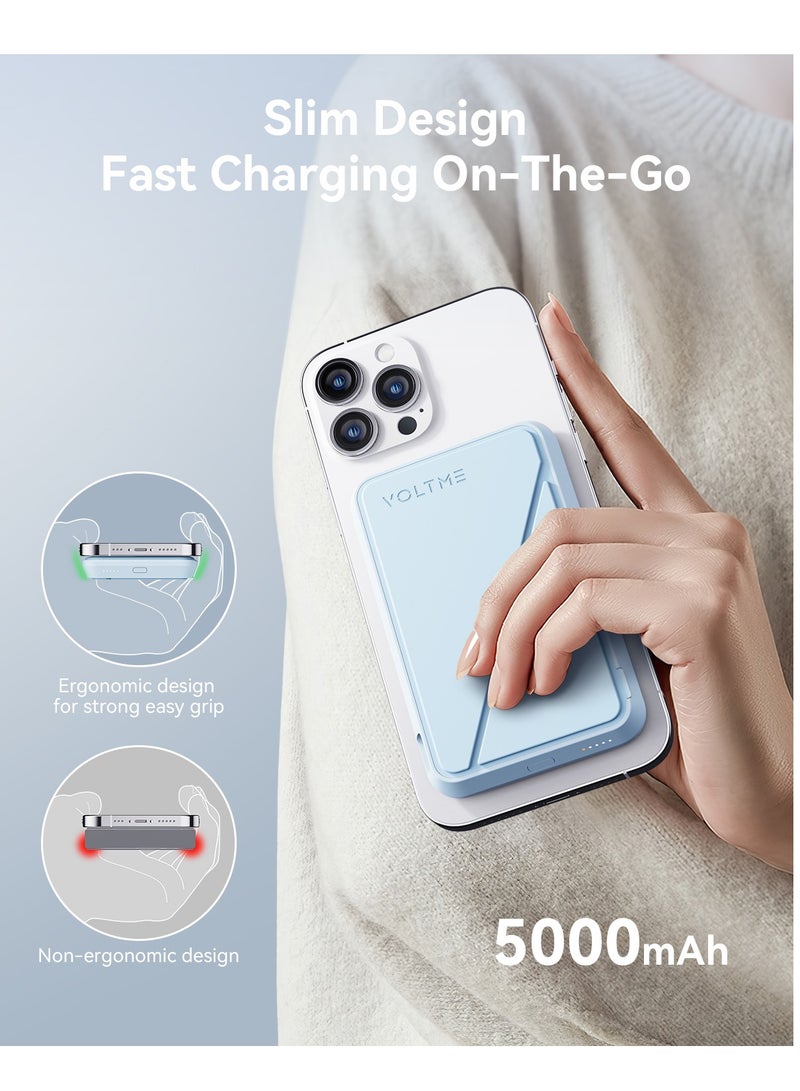 VOLTME 5000mAh MagSafe Power Bank - Magnetic Wireless Charging Power Bank with Strong Magnet, Foldable Stand, Type-C Fast Charging, Ultra Slim Portable Backup Battery Compatible with iPhone Air, iPhone 17/17 Pro/16/15/14/13/12 - Magnetic External Charger Compatible with USB-C for Travel, Daily Use, On-the-Go Charging, Lightweight Pocket Power Bank (Blue) - Image 4