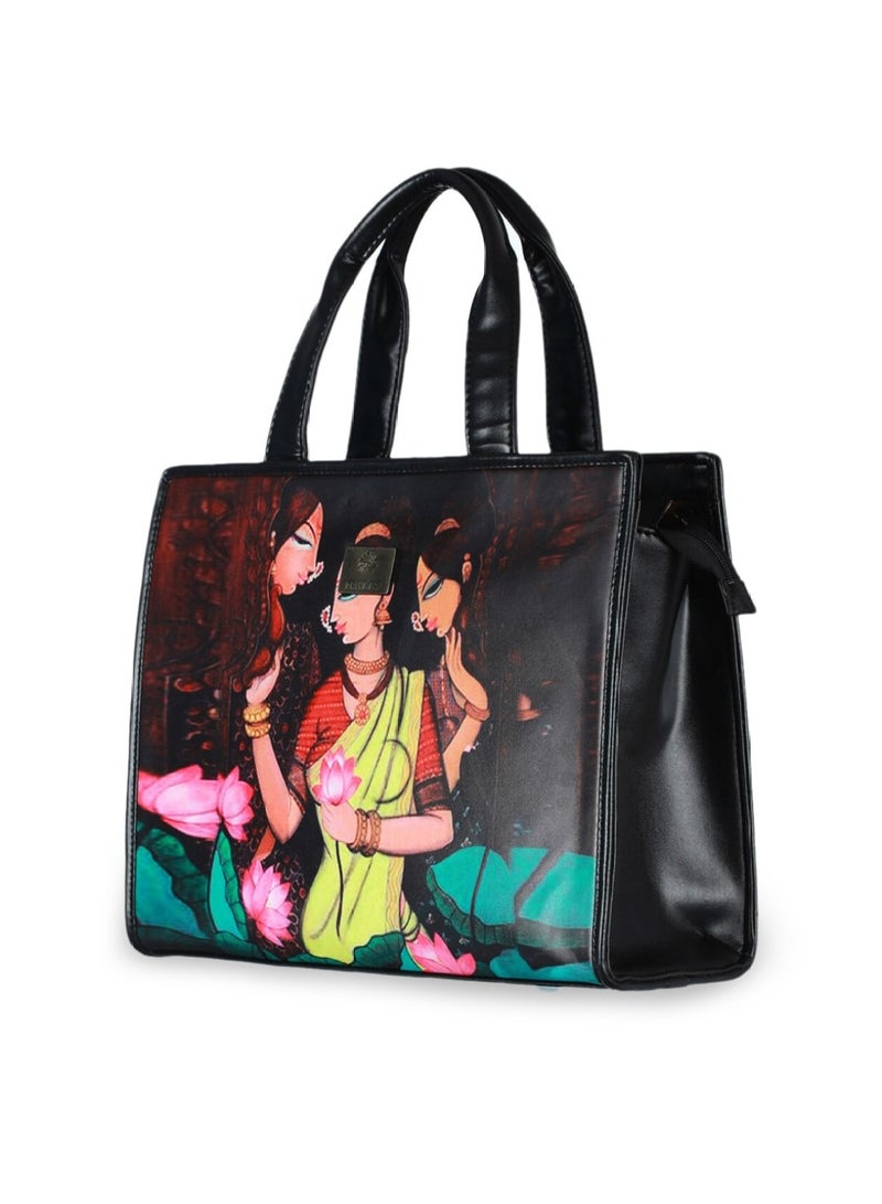 Priyaasi women's Black Printed PU Structured Tote Bag  - Image 3