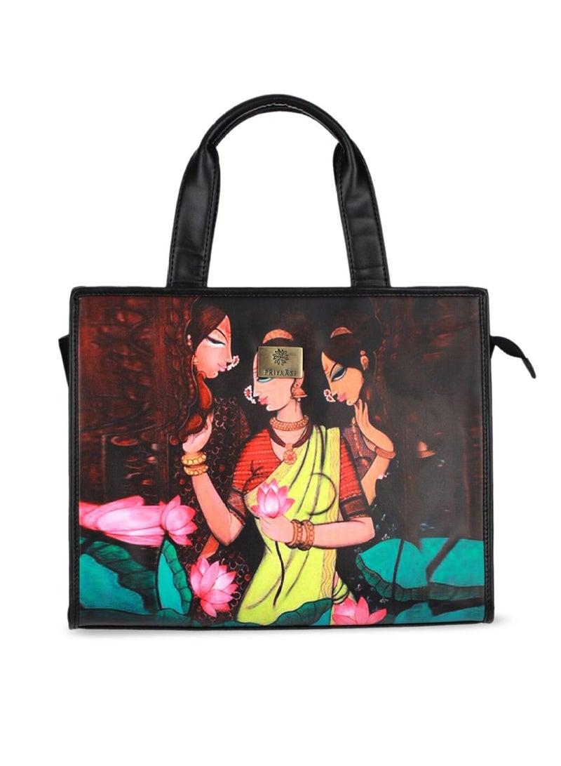 Priyaasi women's Black Printed PU Structured Tote Bag  - Image 2