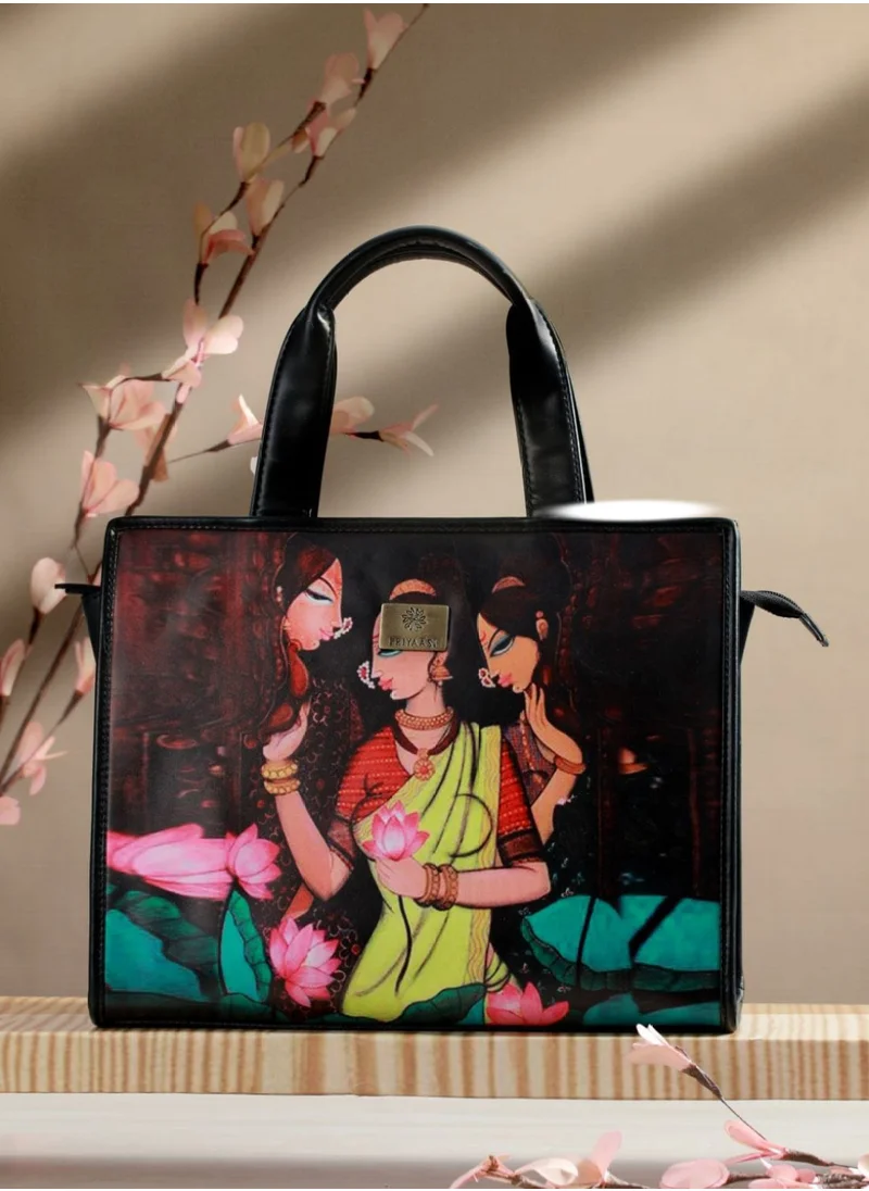 برياسي women's Black Printed PU Structured Tote Bag