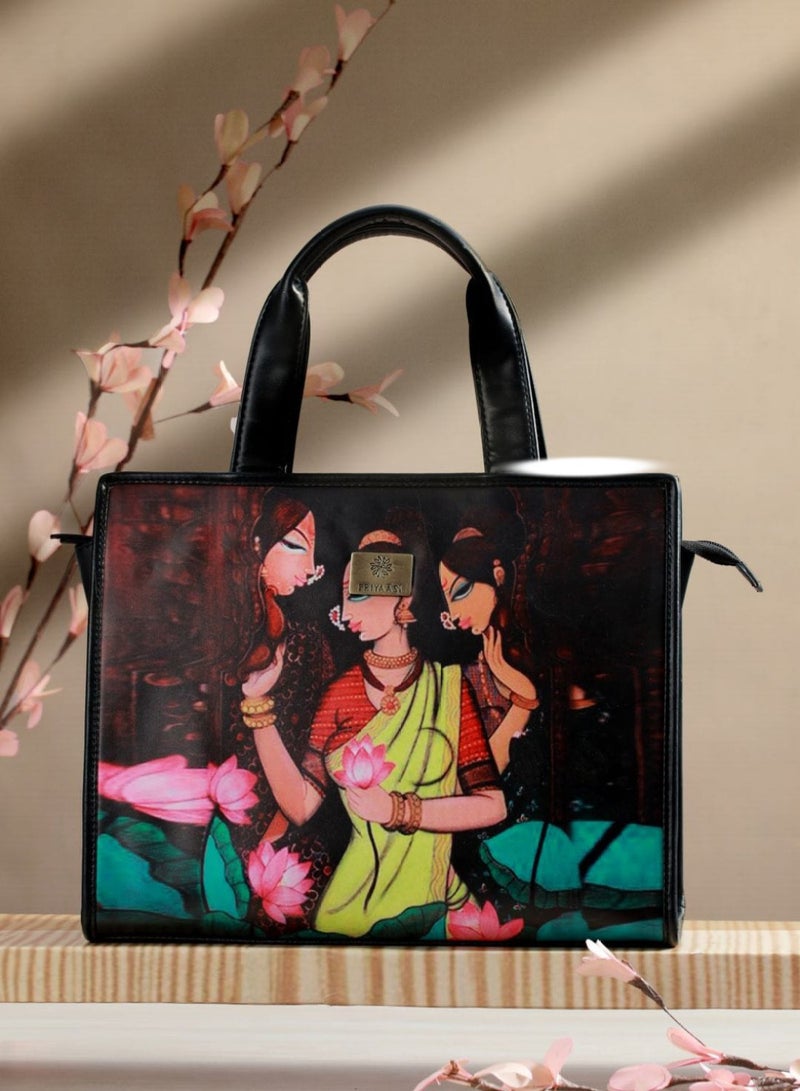 Priyaasi women's Black Printed PU Structured Tote Bag  - Image 1