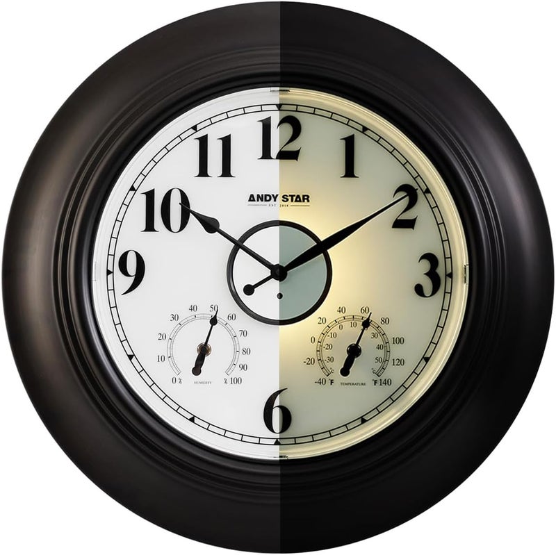 ANDY STAR 21 Inch Large Illuminated Outdoor Wall Clock Waterproof with Thermometer and Hygrometer, Oversized Battery Wall Clock for Patio Pool, Oil Rubbed Bronze Silent Non Ticking Clock for Garden - Image 1