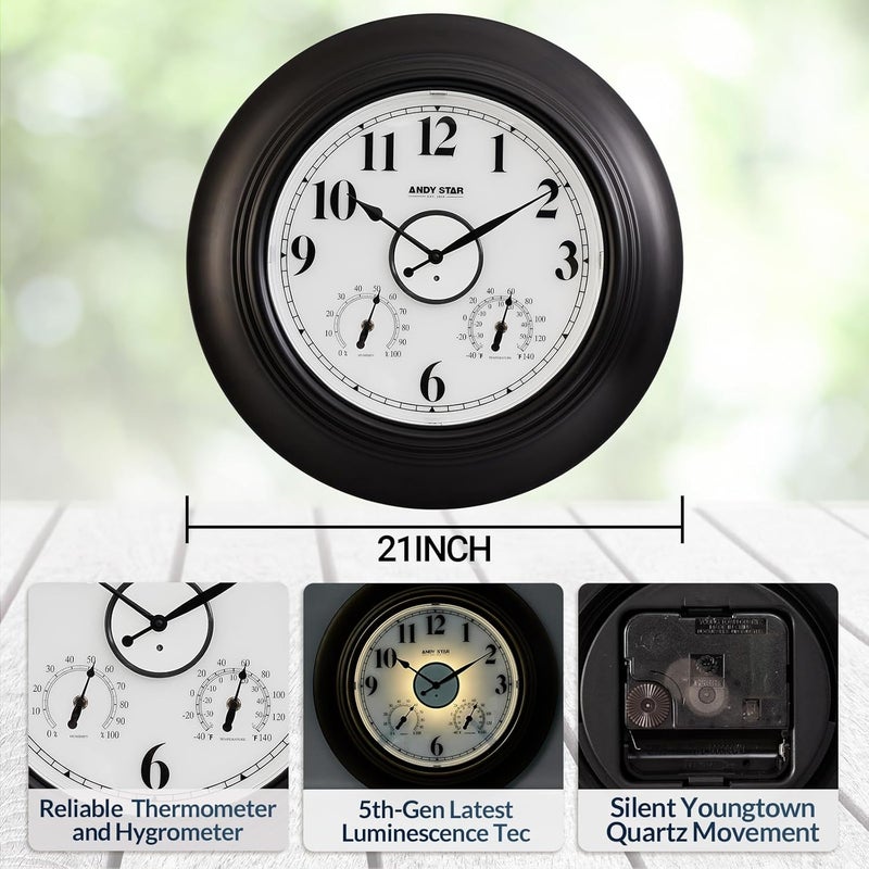 ANDY STAR 21 Inch Large Illuminated Outdoor Wall Clock Waterproof with Thermometer and Hygrometer, Oversized Battery Wall Clock for Patio Pool, Oil Rubbed Bronze Silent Non Ticking Clock for Garden - Image 5