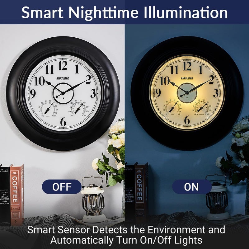 ANDY STAR 21 Inch Large Illuminated Outdoor Wall Clock Waterproof with Thermometer and Hygrometer, Oversized Battery Wall Clock for Patio Pool, Oil Rubbed Bronze Silent Non Ticking Clock for Garden - Image 3