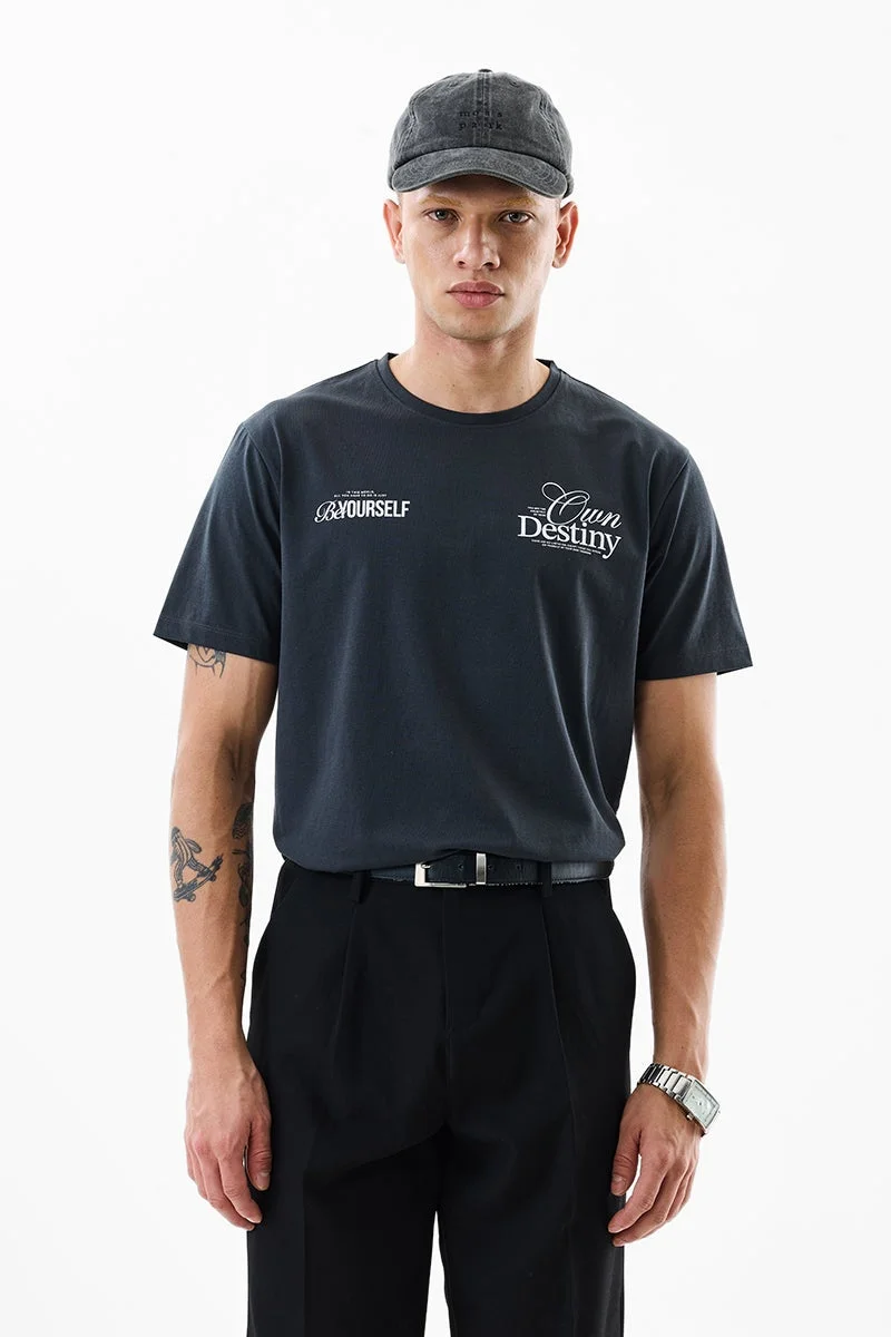 سنيتش Dark Blue Graphic Half Sleeve Slim Fit T-Shirt
