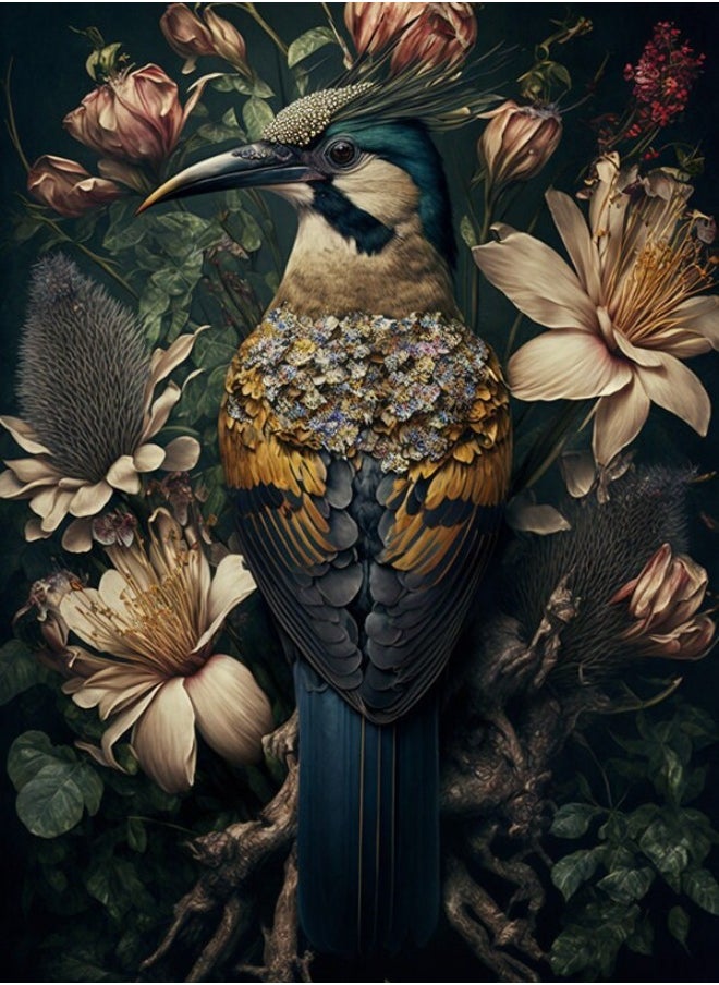 Generic - Bird of Paradise – colorful bird design surrounded by flowers – canvas print – poster artwork - Image 1