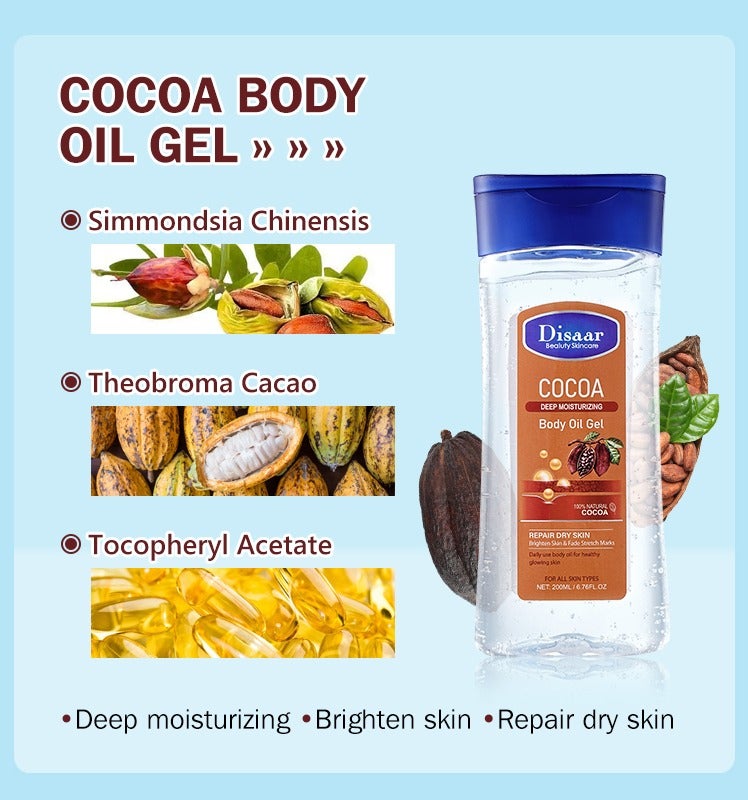 Disaar Cocoa Body Oil Gel 100% Natural Cocoa Butter Deep Moisturizing Dry Skin Repair Body Oil Gel Brightening Healthy Skin Care 200ml - Image 4