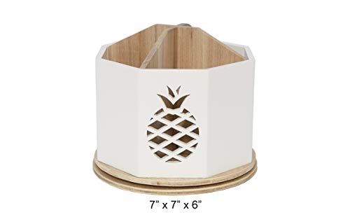 Designstyles Spinning Desktop Stationary Organizer – Decorative Wooden Rotating Pen and Pencil Cup – 4 Compartment White Desk and Table Top Office Supplies Station with Pineapple Cutout - by Designstyles - Image 2