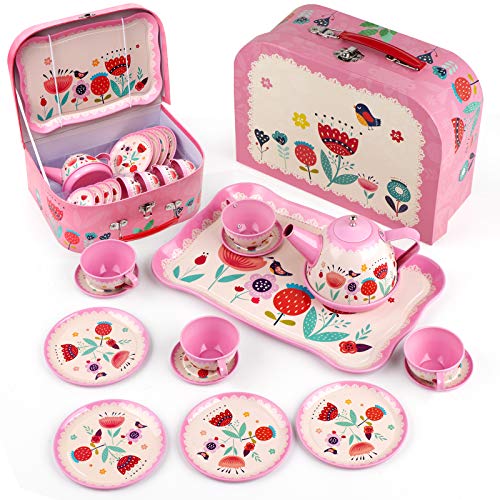 D-FantiX Kids Tea Set for Little Girls  15Pcs Pink Tin Tea Party Set for Toddlers Afternoon Tea Time Playset with Metal Teapots Tea Cups Play Dishes Princess Toys Gifts with Carry Case