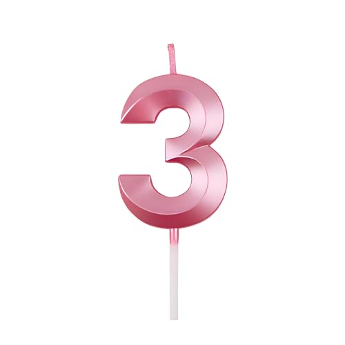 Juzfun Number Candles 3 for Birthday Cake Decoration Third Anniversary Party Celebration Metallic Pink Colour Size : Width 5 x Height 7 CM - Image 1