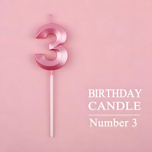 Juzfun Number Candles 3 for Birthday Cake Decoration Third Anniversary Party Celebration Metallic Pink Colour Size : Width 5 x Height 7 CM - Image 3