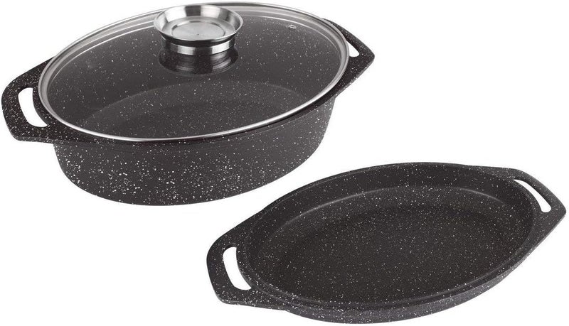 KAMBERG 0008037 - Flat Casserole Dish 33.5 cm / 25.5 cm / 9.8 cm - Cast Aluminium - Stone Effect Coating - Suitable for All Types of Cookers Including Induction - PFOA-Free, Aluminium - Image 1