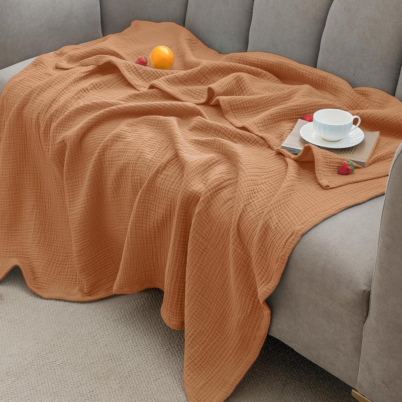 PHF 100% Cotton Muslin Blanket Queen Size (230cm x 230cm), 4-Layer Lightweight and Breathable Blanket for Summer, Luxuriously Soft Gauze Bedding for Bed, Natural Minimalism Style, Ideal Gift, Caramel - Image 1