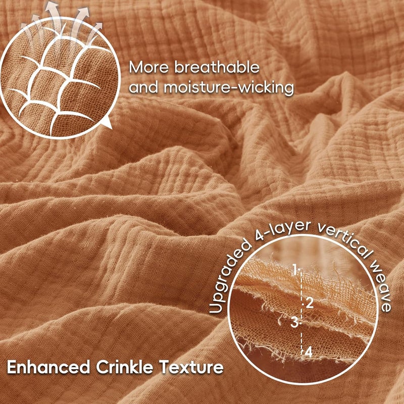 PHF 100% Cotton Muslin Blanket Queen Size (230cm x 230cm), 4-Layer Lightweight and Breathable Blanket for Summer, Luxuriously Soft Gauze Bedding for Bed, Natural Minimalism Style, Ideal Gift, Caramel - Image 3