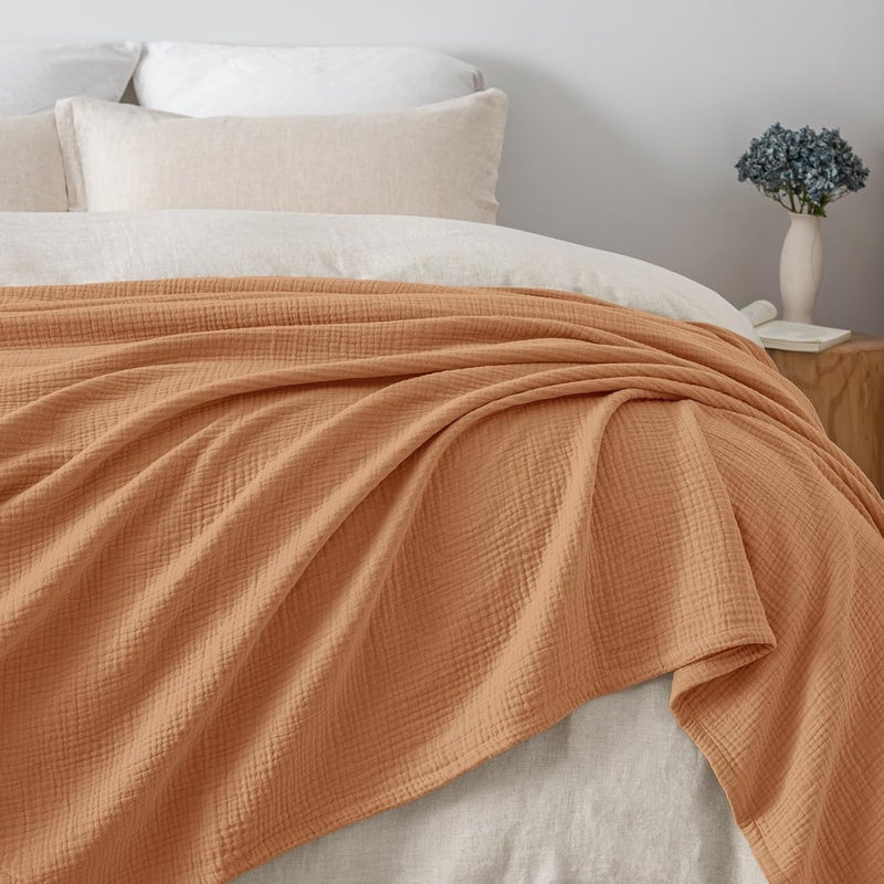 PHF 100% Cotton Muslin Blanket Queen Size (230cm x 230cm), 4-Layer Lightweight and Breathable Blanket for Summer, Luxuriously Soft Gauze Bedding for Bed, Natural Minimalism Style, Ideal Gift, Caramel - Image 5