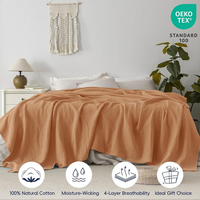 PHF 100% Cotton Muslin Blanket Queen Size (230cm x 230cm), 4-Layer Lightweight and Breathable Blanket for Summer, Luxuriously Soft Gauze Bedding for Bed, Natural Minimalism Style, Ideal Gift, Caramel - Image 4