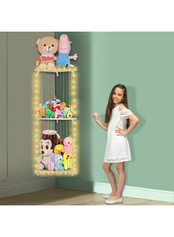 Vomelon Stuffed Animal Storage Wood Soft Toy Storage for Kids Room,Wall Mount Door Hanging Stuffed Animal Toy Organizer Shelf for Nursery Play Room White with LED Coil -Light Rainbow Three-layered Sector  - Image 2