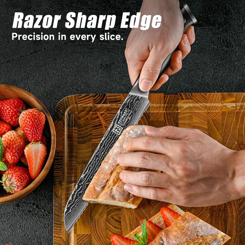 KEEMAKE Serrated Bread Knife, 8 Inch Japanese Damascus Kitchen Knife Wave Edge with G10 Ergonomic Handle, Cake Cutter Bread Slicing Knife for Sourdough Loaf Ciabatta - Image 4