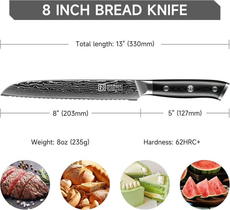KEEMAKE Serrated Bread Knife, 8 Inch Japanese Damascus Kitchen Knife Wave Edge with G10 Ergonomic Handle, Cake Cutter Bread Slicing Knife for Sourdough Loaf Ciabatta - Image 2