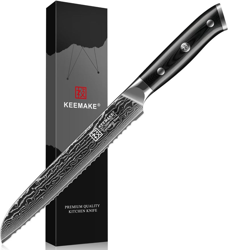 KEEMAKE Serrated Bread Knife, 8 Inch Japanese Damascus Kitchen Knife Wave Edge with G10 Ergonomic Handle, Cake Cutter Bread Slicing Knife for Sourdough Loaf Ciabatta - Image 1