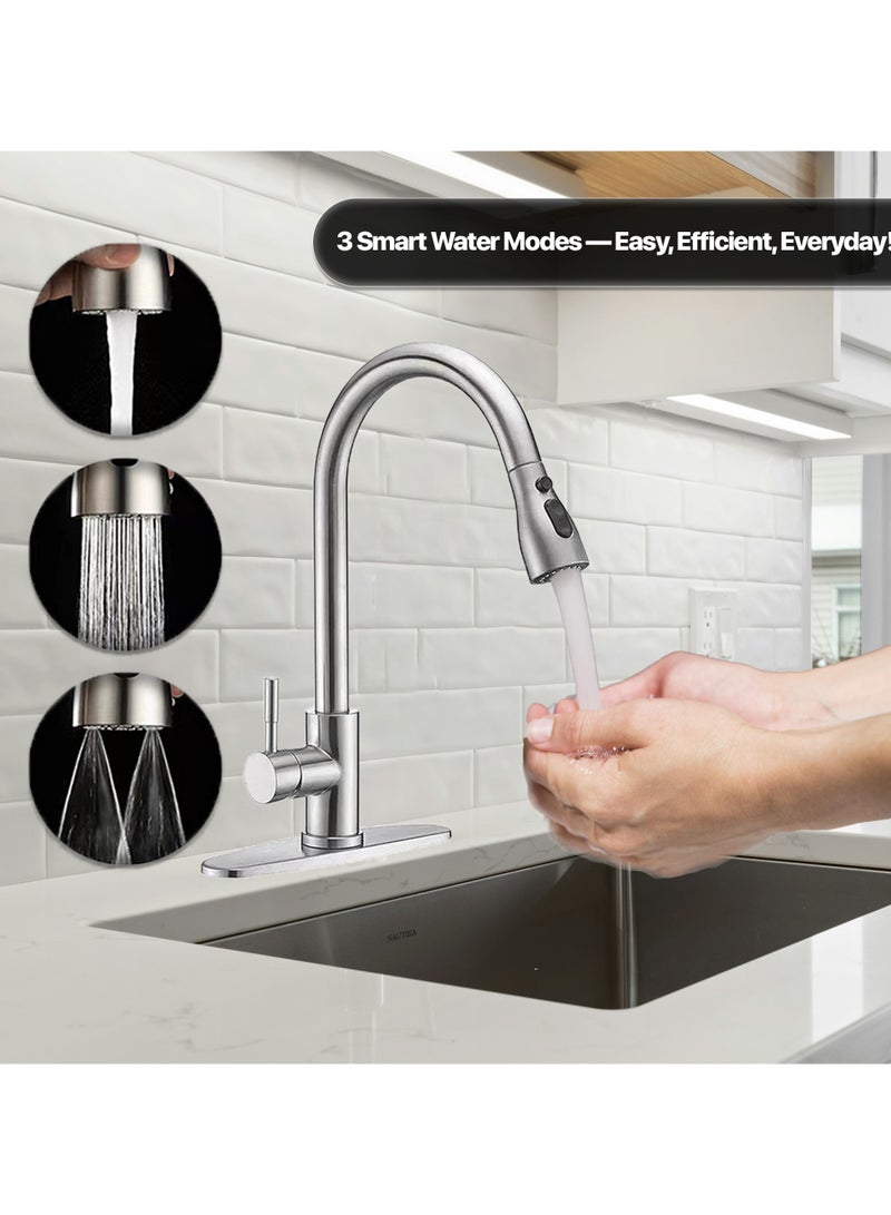 ABJ Kitchen Faucet with Pull Down Sprayer – Stainless Steel Single Handle Mixer Tap, 360° Swivel, 2 Spray Modes, Hot & Cold, High Arc Design for Sink, Chrome/Brushed Nickel Finish - Image 2
