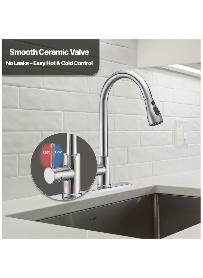 ABJ Kitchen Faucet with Pull Down Sprayer – Stainless Steel Single Handle Mixer Tap, 360° Swivel, 2 Spray Modes, Hot & Cold, High Arc Design for Sink, Chrome/Brushed Nickel Finish - Image 3