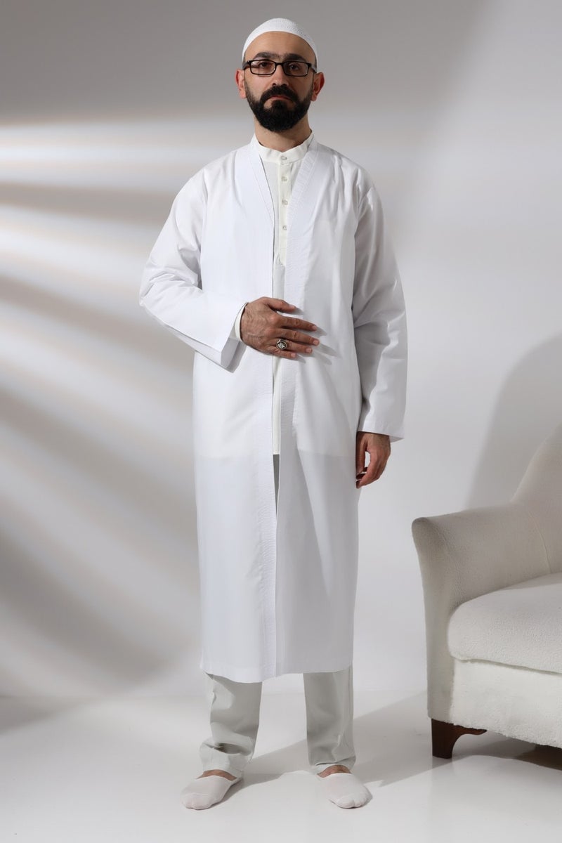 İhvan Online Ihvan Online White Men's Prayer Dress V Neck Buttonless Open Front Prayer Robe  - Image 1