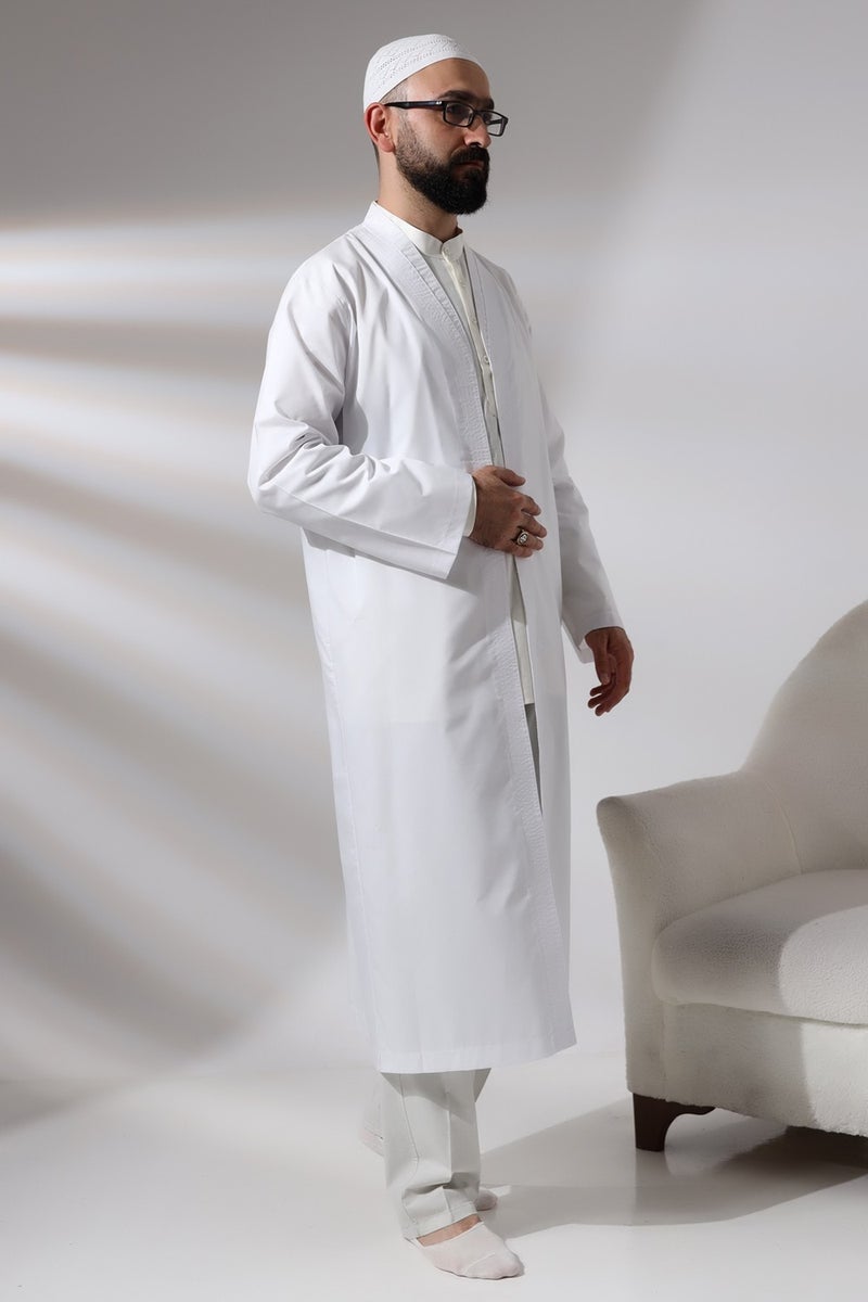 İhvan Online Ihvan Online White Men's Prayer Dress V Neck Buttonless Open Front Prayer Robe  - Image 2