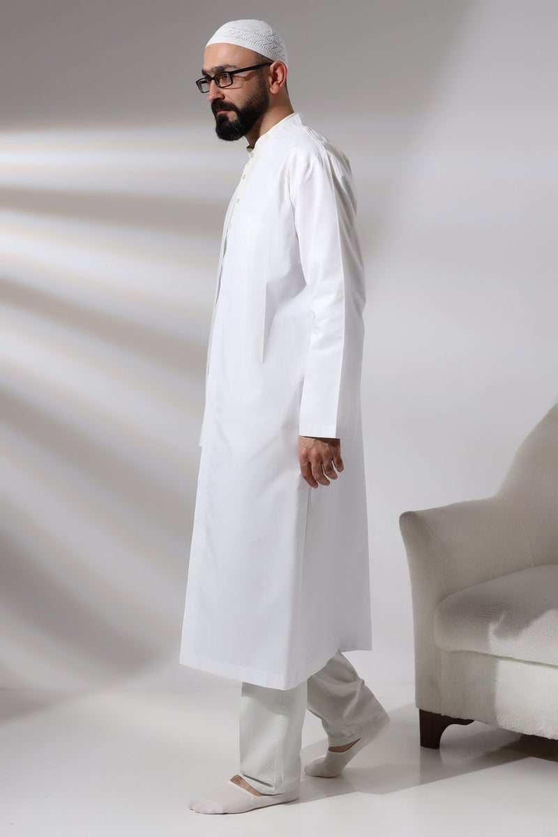 İhvan Online Ihvan Online White Men's Prayer Dress V Neck Buttonless Open Front Prayer Robe  - Image 4
