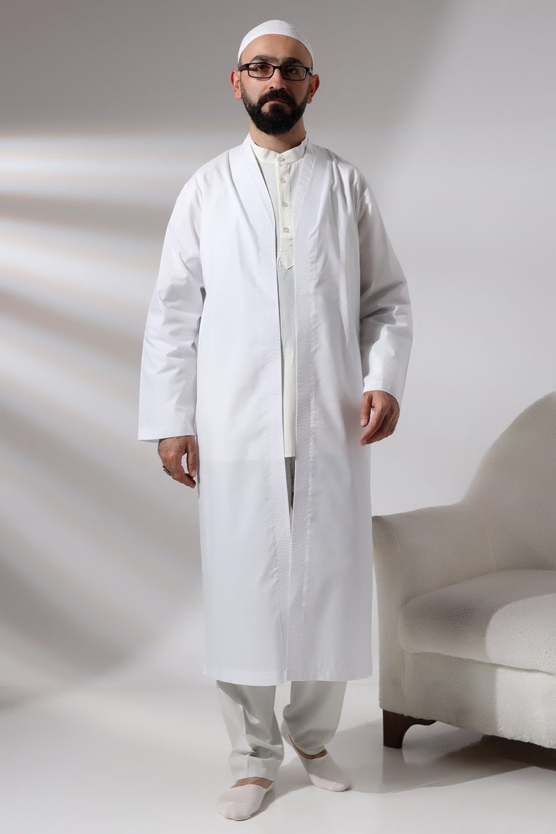 İhvan Online Ihvan Online White Men's Prayer Dress V Neck Buttonless Open Front Prayer Robe  - Image 5