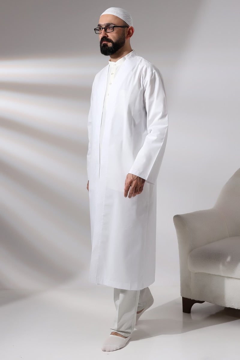 İhvan Online Ihvan Online White Men's Prayer Dress V Neck Buttonless Open Front Prayer Robe  - Image 3