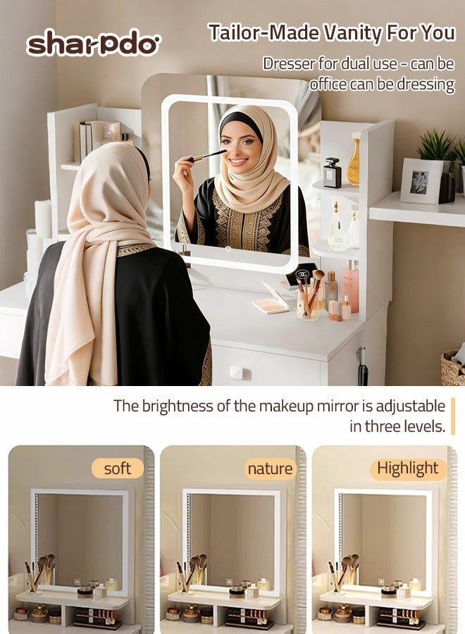 Sharpdo 100*40*137cm Vanity Table with LED Light Mirror, Bedroom Dresser Table Minimalist Dressing Table With 4 Drawers and Shelf - Image 3