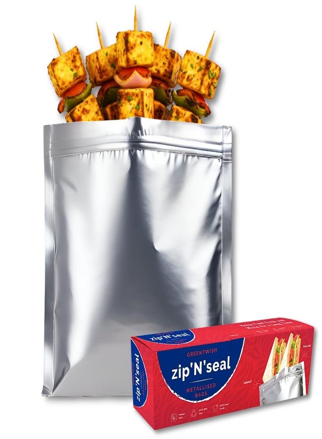 GREENTWISH Zip 'N' Seal Metallised Silver Zip Lock Bags, Reusable Sandwich and Food Storage Bag, Airtight Foil Pouch with Zipper, Freezer Safe, Polyethylene | Size: Medium (8x9 Inch) | 15 Bags - Image 1