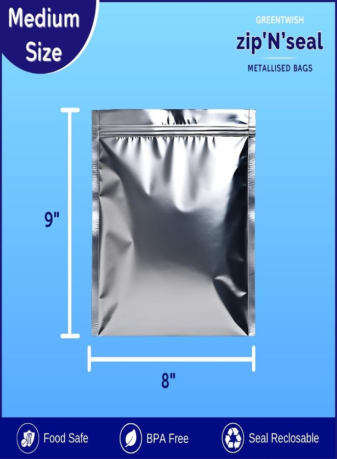 GREENTWISH Zip 'N' Seal Metallised Silver Zip Lock Bags, Reusable Sandwich and Food Storage Bag, Airtight Foil Pouch with Zipper, Freezer Safe, Polyethylene | Size: Medium (8x9 Inch) | 15 Bags - Image 2