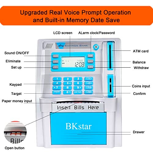 BKstar Kids Talking Blue ATM Piggy Bank with Debit Cards, Power-Off Memory, Auto-Opening Drawer for Real Money for Boys, Onekey Shutdown, Bill Feeder, Coin Recognition, Balance Calculator Machine - Image 3