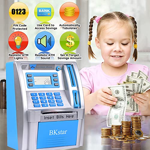 BKstar Kids Talking Blue ATM Piggy Bank with Debit Cards, Power-Off Memory, Auto-Opening Drawer for Real Money for Boys, Onekey Shutdown, Bill Feeder, Coin Recognition, Balance Calculator Machine - Image 4