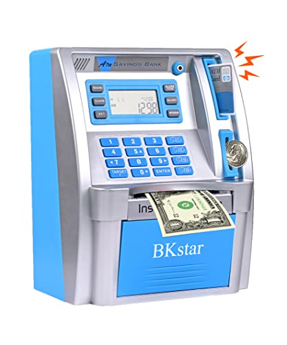 BKstar Kids Talking Blue ATM Piggy Bank with Debit Cards, Power-Off Memory, Auto-Opening Drawer for Real Money for Boys, Onekey Shutdown, Bill Feeder, Coin Recognition, Balance Calculator Machine - Image 1